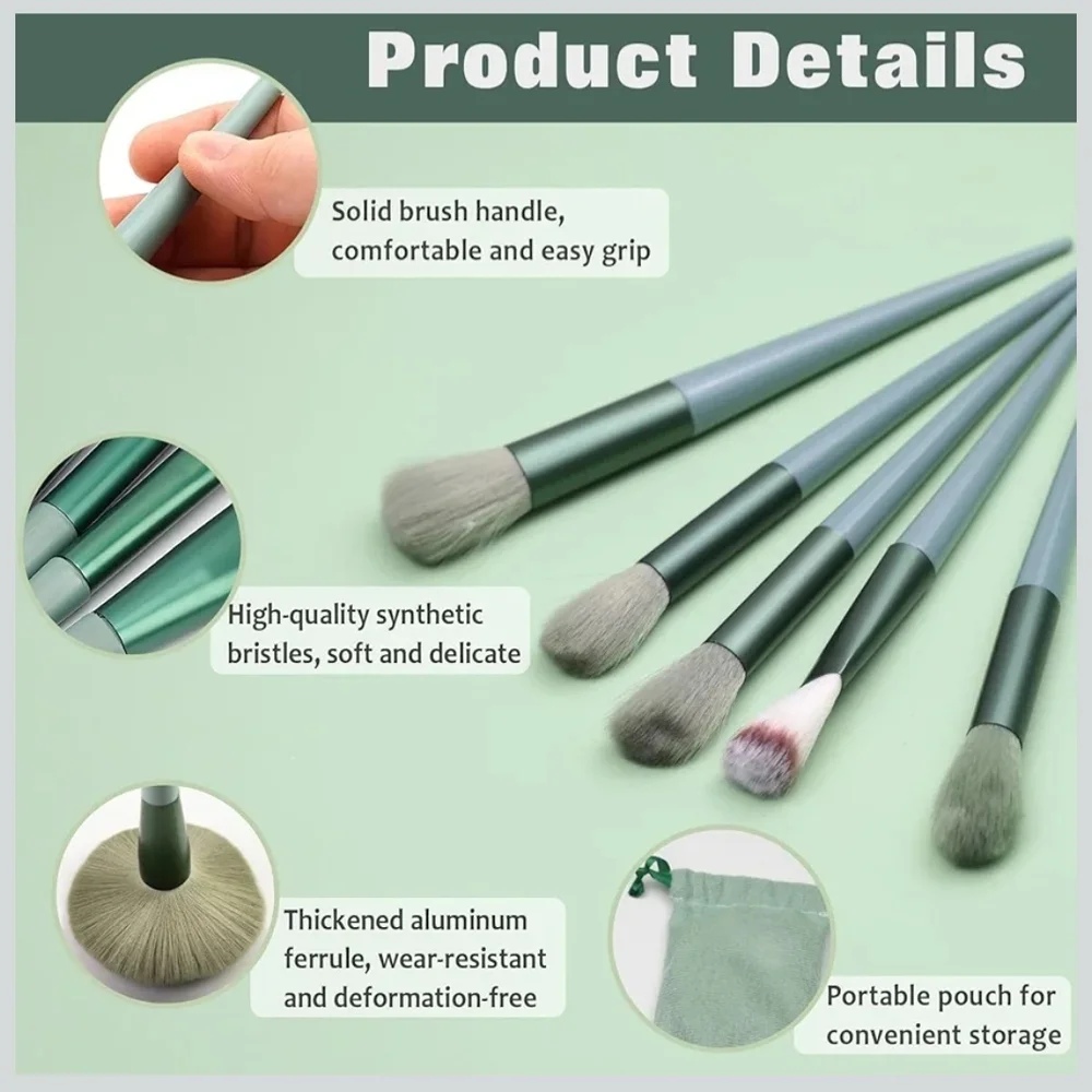 Green Women’s Makeup Brush Set with Pouch - 12 Pieces